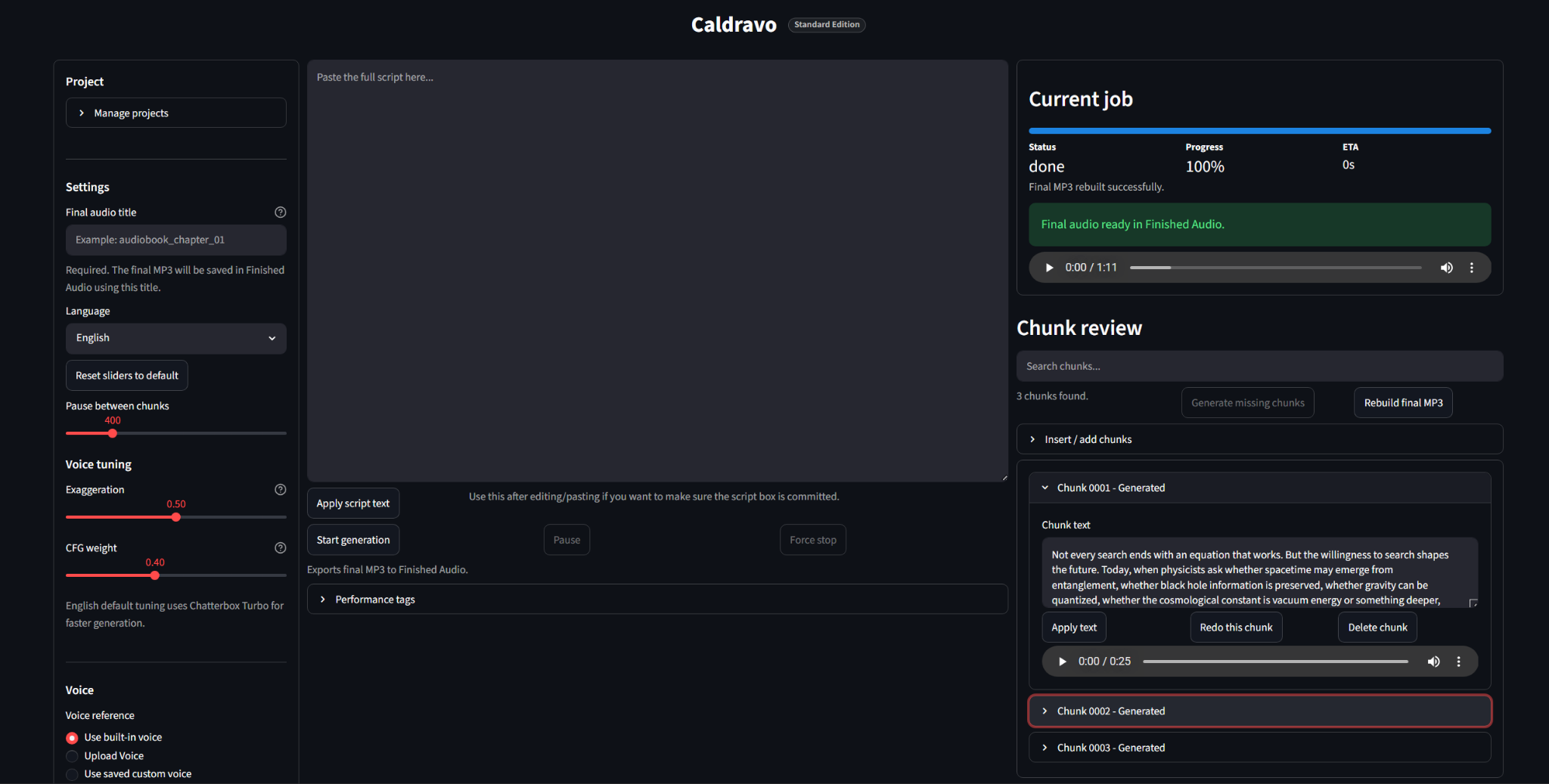 Updated Caldravo interface showing project settings, script editor, current job status, audio player, and chunk review